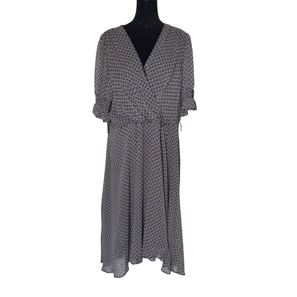 Tommy Hilfiger‎ Womens 20W Faux Wrap Midi Dress Black White Geometric Floral